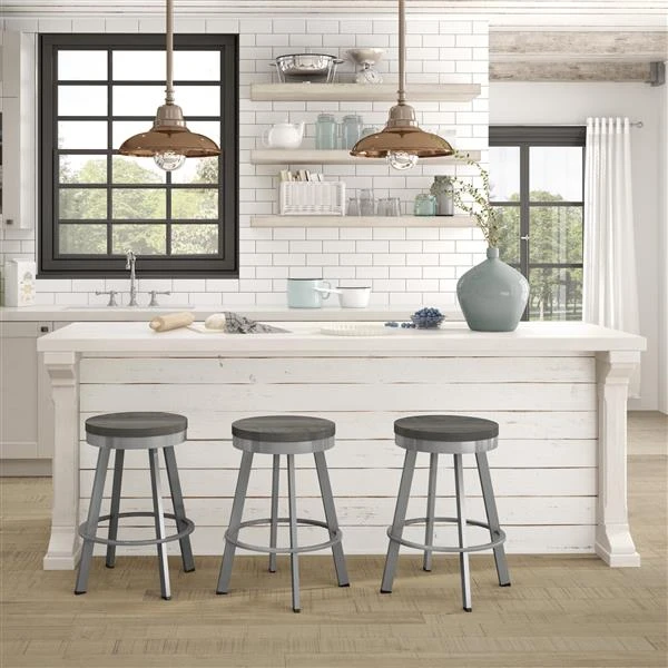 Amisco Warner 29-in Swivel Bar Stool - Grey Distressed Wood - Glossy Grey Metal 2 Amisco Warner 29-in Swivel Bar Stool - Grey Distressed Wood - Glossy Grey Metal - Image 2