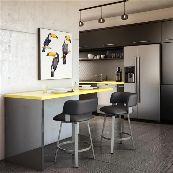 Amisco Stinson 30-in Swivel Bar Stool - Black Faux Leather - Glossy Grey Metal 2 Amisco Stinson 30-in Swivel Bar Stool - Black Faux Leather - Glossy Grey Metal - Image 2