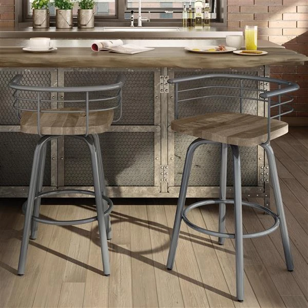 Amisco Brisk 25-in Swivel Counter Stool - Beige Distressed Wood - Glossy Grey Metal 2 Amisco Brisk 25-in Swivel Counter Stool - Beige Distressed Wood - Glossy Grey Metal - Image 2