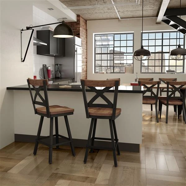 Amisco Jasper 29.31-in Swivel Bar Stool - Brown Distressed Wood - Black Metal 2 Amisco Jasper 29.31-in Swivel Bar Stool - Brown Distressed Wood - Black Metal - Image 2