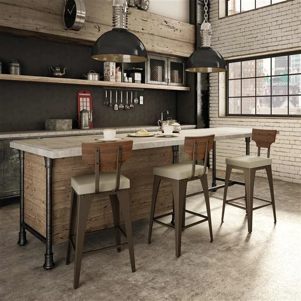 Amisco Rally 30.88-in Bar Stool - Beige Fabric - Brown Distressed Wood - Brown Metal 2 Amisco Rally 30.88-in Bar Stool - Beige Fabric - Brown Distressed Wood - Brown Metal - Image 2