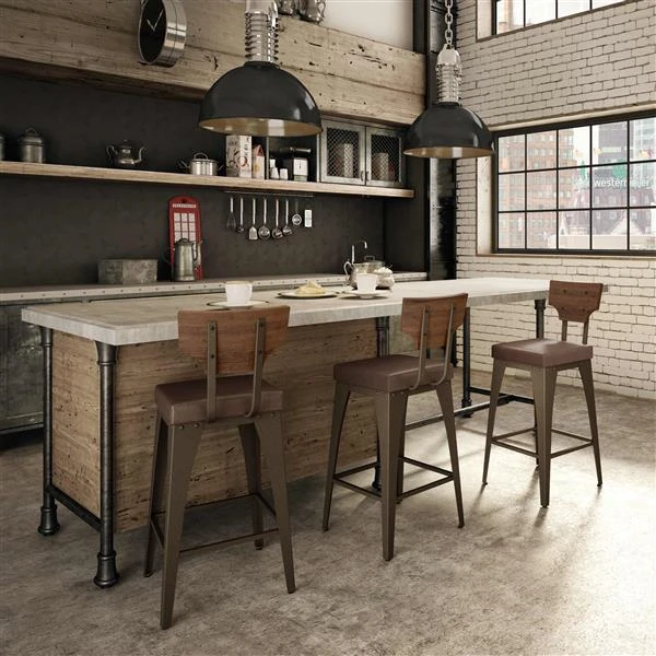 Amisco Rally 26.88-in Counter Stool - Medium Brown Faux Leather - Brown Distressed Wood - Brown Metal 2 Amisco Rally 26.88-in Counter Stool - Medium Brown Faux Leather - Brown Distressed Wood - Brown Metal - Image 2