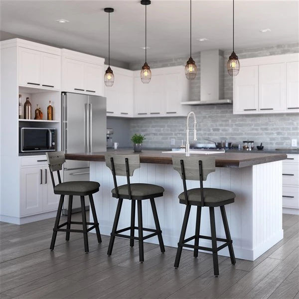 Amisco Gustavson 30.5-in Swivel Bar Stool - Medium Grey Faux Leather - Grey Distressed Wood - Black Metal 2 Amisco Gustavson 30.5-in Swivel Bar Stool - Medium Grey Faux Leather - Grey Distressed Wood - Black Metal - Image 2