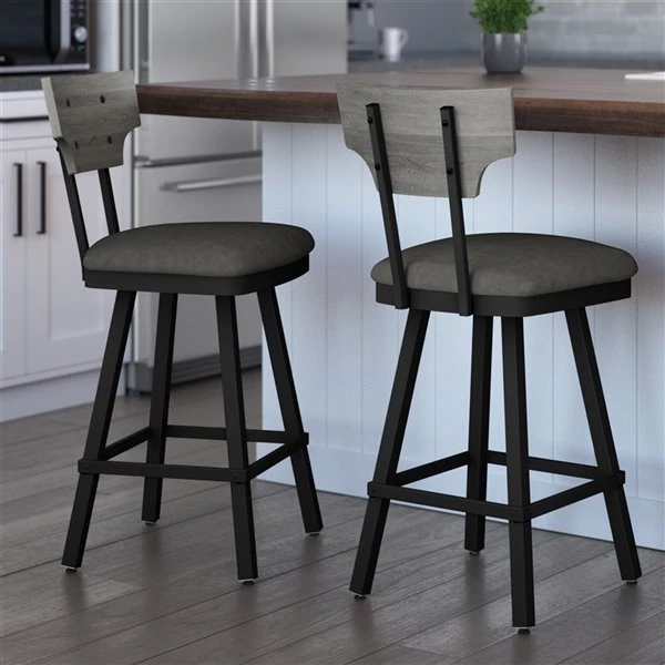 Amisco Gustavson 30.5-in Swivel Bar Stool - Medium Grey Faux Leather - Grey Distressed Wood - Black Metal 3 Amisco Gustavson 30.5-in Swivel Bar Stool - Medium Grey Faux Leather - Grey Distressed Wood - Black Metal - Image 3