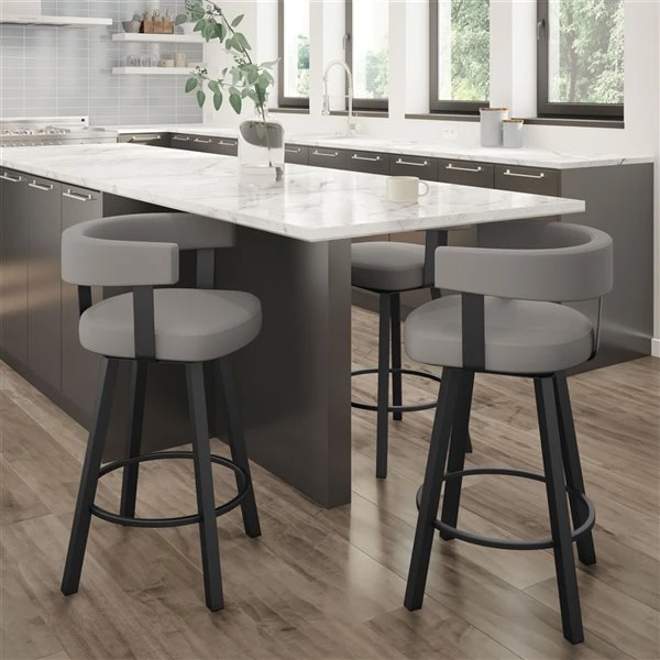 Amisco Parker 30.25-in Swivel Bar Stool - Taupe Grey Faux Leather - Black Metal 2 Amisco Parker 30.25-in Swivel Bar Stool - Taupe Grey Faux Leather - Black Metal - Image 2