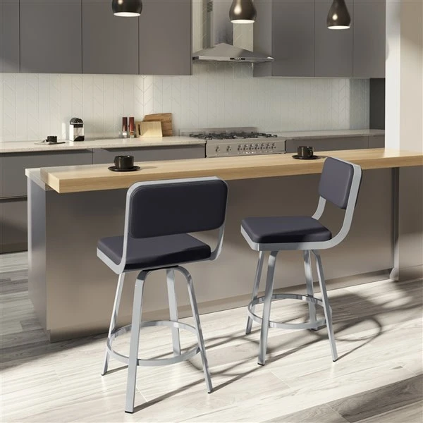 Amisco Everett 26.25-in Swivel Counter Stool - Navy Blue Faux Leather - Glossy Grey Metal 2 Amisco Everett 26.25-in Swivel Counter Stool - Navy Blue Faux Leather - Glossy Grey Metal - Image 2